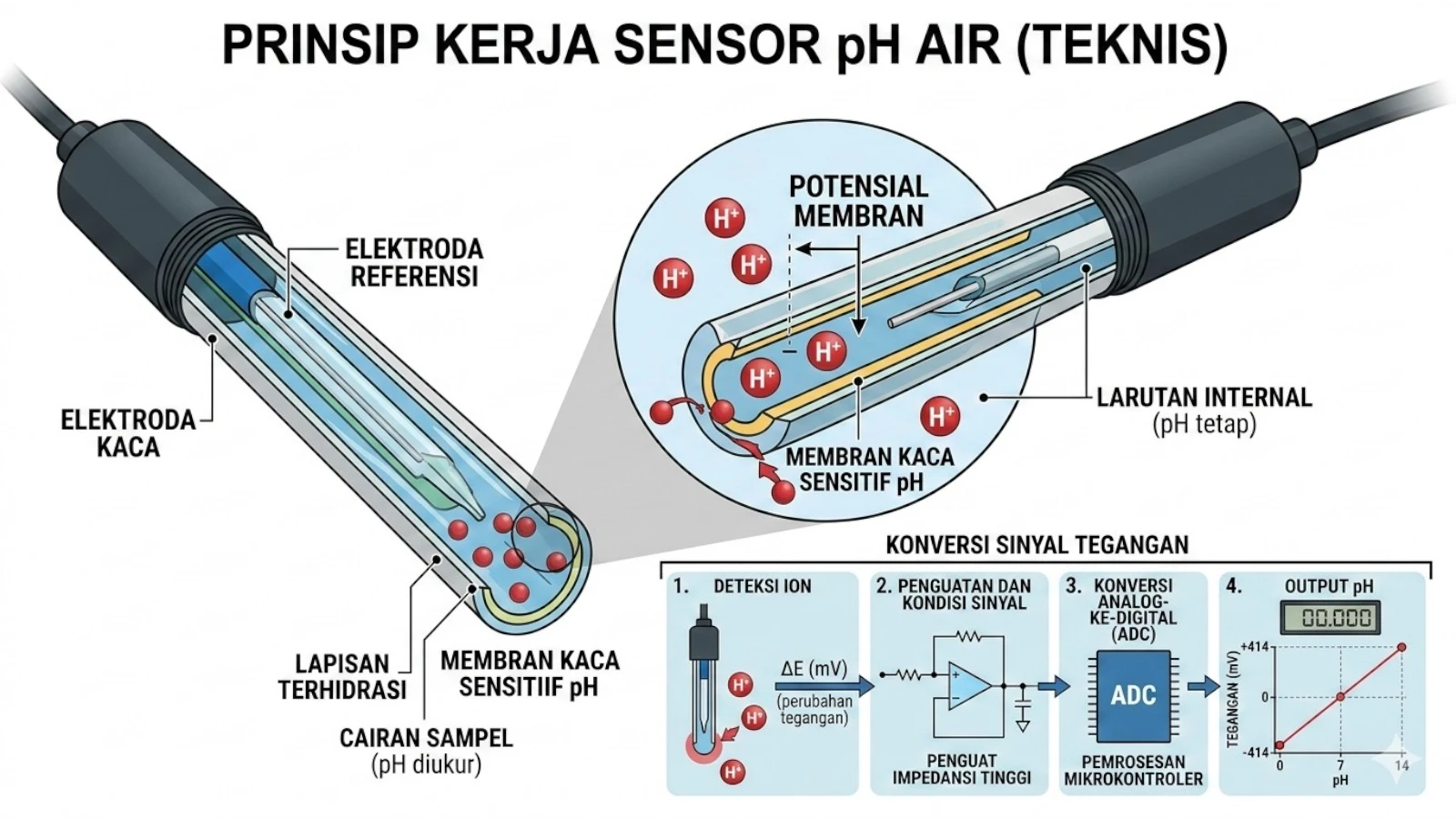 Diagram cara kerja sensor pH air dan elektroda kaca mendeteksi ion hidrogen